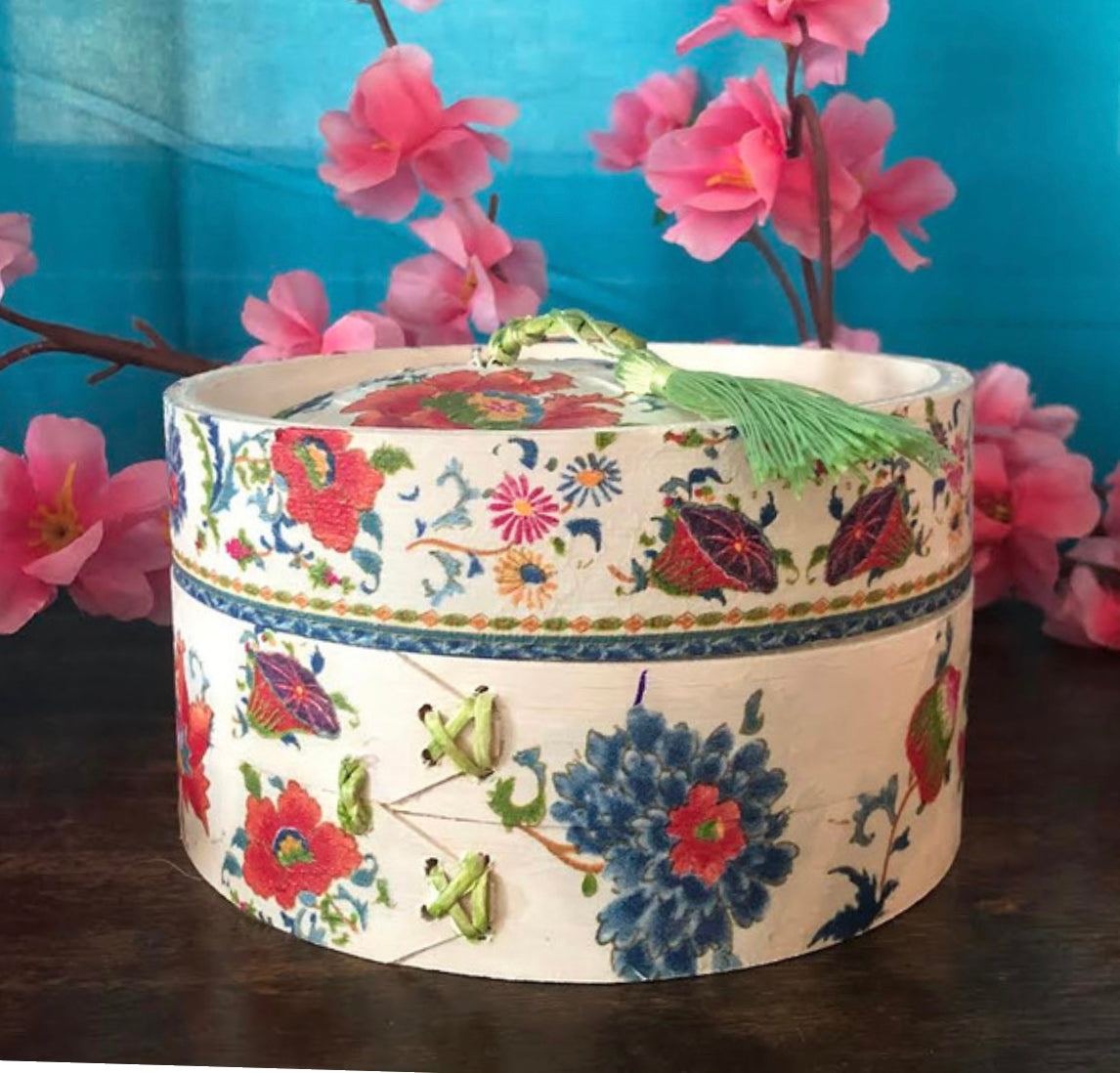 Bamboo Dim Sum Steamer - Red Flower Chinoiserie