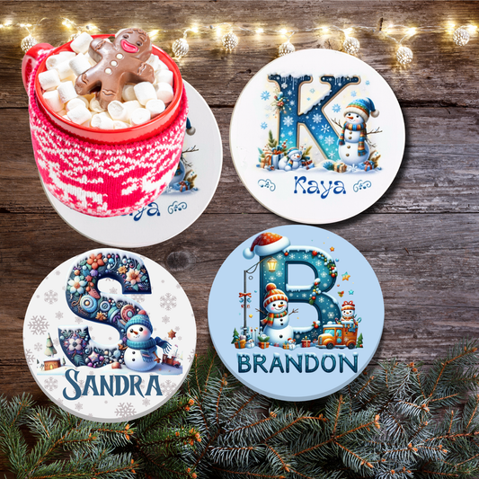 Winter Alphabet Letter with personalised Name Coaster