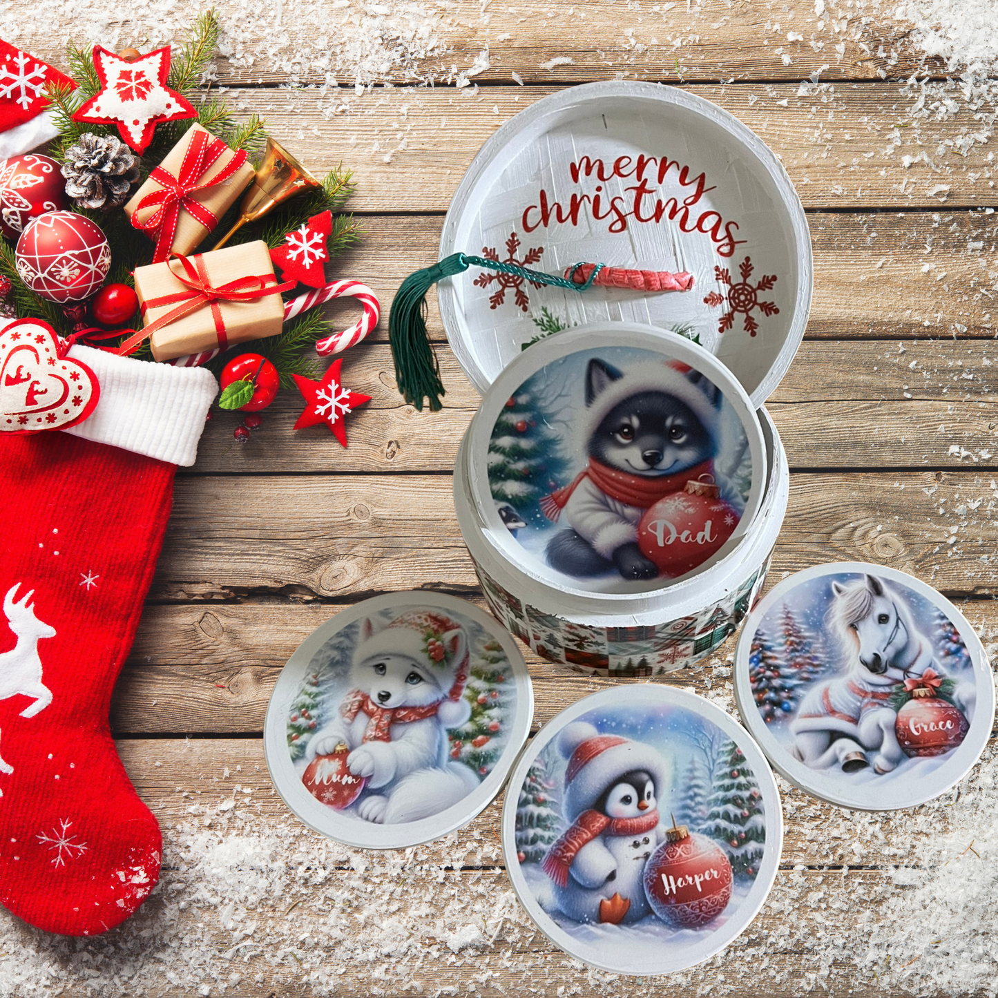 Personalised Family Chiristmas Coasters With Coaster Box